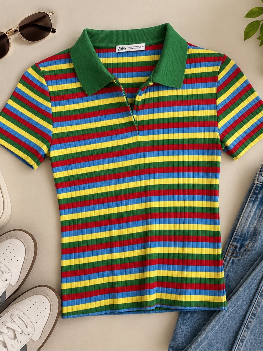 Zara Multicolor Striped Ribbed Polo Top – Size Small